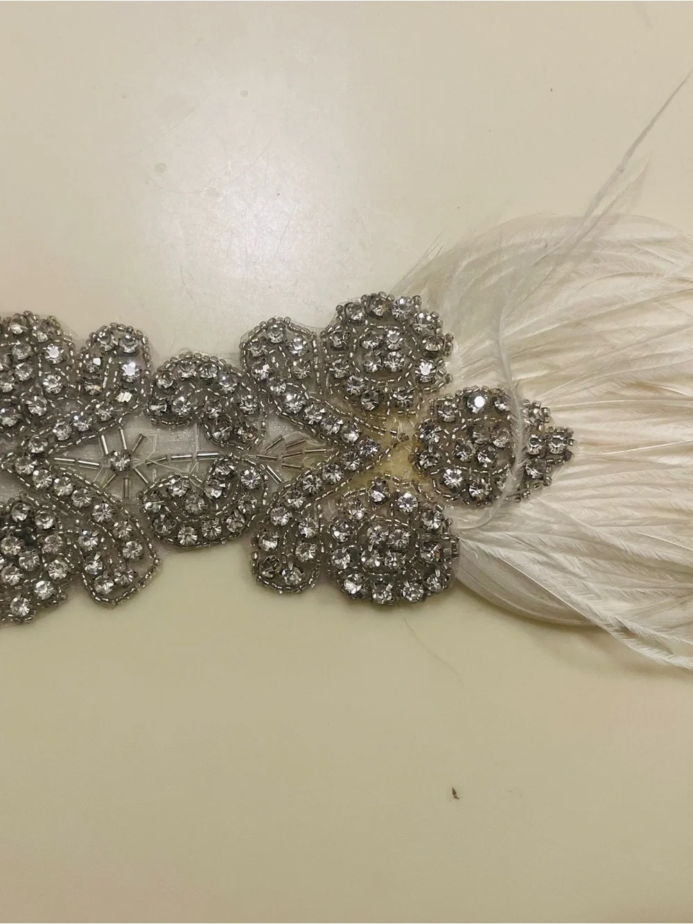 Crystal Embellished Silver Headband with White Feather